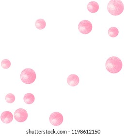 Pink glitter dots confetti on isolated backdrop. Shiny falling sequins with shimmer and sparkles. Design with pink glitter dots for party invitation, event banner, flyer, birthday card.