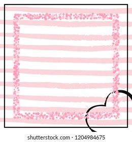 Pink glitter dots confetti on white stripes. Falling sequins with metallic shimmer. Template with pink glitter dots for party invitation, event banner, flyer, birthday card.