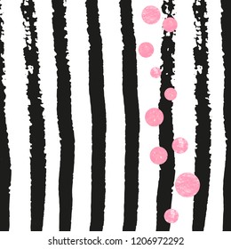 Pink glitter dots confetti on black stripes. Shiny random falling sequins with shimmer. Design with pink glitter dots for party invitation, bridal shower and save the date invite.