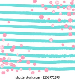 Pink glitter dots confetti on turquoise stripes. Shiny falling sequins with shimmer and sparkles. Design with pink glitter dots for party invitation, bridal shower and save the date invite.
