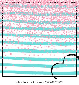Pink glitter dots confetti on turquoise stripes. Random falling sequins with metallic shimmer. Template with pink glitter dots for party invitation, event banner, flyer, birthday card.