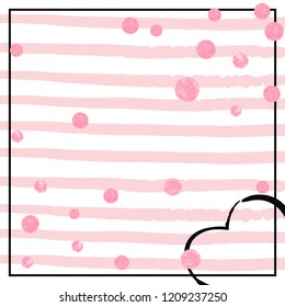 Pink glitter dots confetti on white stripes. Falling sequins with metallic shimmer. Design with pink glitter dots for party invitation, bridal shower and save the date invite.