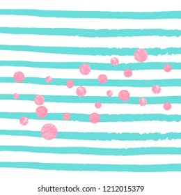 Pink glitter dots confetti on turquoise stripes. Shiny random falling sequins with shimmer. Design with pink glitter dots for party invitation, banner, greeting card, bridal shower.