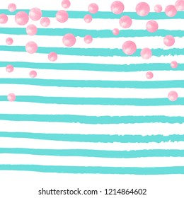 Pink glitter dots confetti on turquoise stripes. Shiny random sequins with metallic sparkles. Template with pink glitter dots for party invitation, banner, greeting card, bridal shower.
