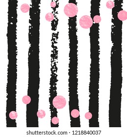 Pink glitter dots confetti on black stripes. Shiny random falling sequins with sparkles. Template with pink glitter dots for greeting card, bridal shower and save the date invite.