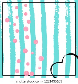 Pink glitter dots confetti on turquoise stripes. Random falling sequins with glossy sparkles. Template with pink glitter dots for party invitation, bridal shower and save the date invite.