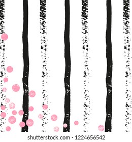 Pink glitter dots confetti on black stripes. Shiny random falling sequins with shimmer. Template with pink glitter dots for party invitation, bridal shower and save the date invite.