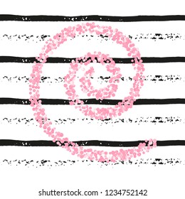 Pink glitter dots confetti on black stripes. Shiny falling sequins with shimmer and sparkles. Template with pink glitter dots for greeting card, bridal shower and save the date invite.