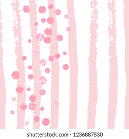 Pink glitter dots confetti on white stripes. Falling sequins with shimmer and sparkles. Template with pink glitter dots for party invitation, event banner, flyer, birthday card.