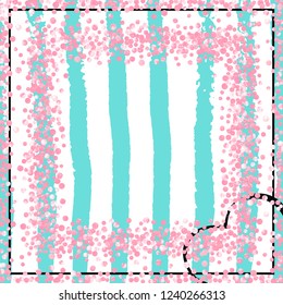 Pink glitter dots confetti on turquoise stripes. Random falling sequins with metallic shimmer. Design with pink glitter dots for party invitation, event banner, flyer, birthday card.
