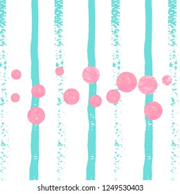 Pink glitter dots confetti on turquoise stripes. Falling sequins with metallic shimmer. Design with pink glitter dots for party invitation, banner, greeting card, bridal shower.