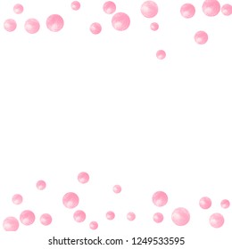 Pink glitter dots confetti on isolated backdrop. Shiny random falling sequins with sparkles. Design with pink glitter dots for greeting card, bridal shower and save the date invite.