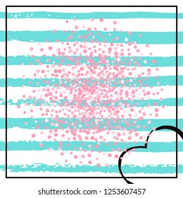 Pink glitter dots confetti on turquoise stripes. Falling sequins with glossy sparkles. Design with pink glitter dots for greeting card, bridal shower and save the date invite.
