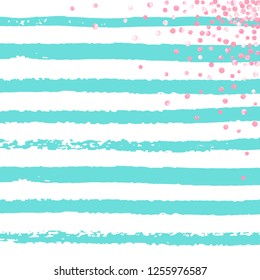 Pink glitter dots confetti on turquoise stripes. Random falling sequins with glossy sparkles. Design with pink glitter dots for party invitation, banner, greeting card, bridal shower.