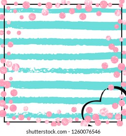 Pink glitter dots confetti on turquoise stripes. Falling sequins with glossy sparkles. Design with pink glitter dots for party invitation, banner, greeting card, bridal shower.