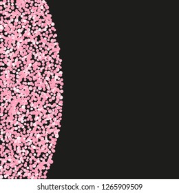 Pink glitter dots confetti on isolated backdrop. Falling sequins with metallic shimmer. Template with pink glitter dots for party invitation, event banner, flyer, birthday card.