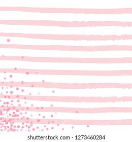 Pink glitter dots confetti on white stripes. Shiny falling sequins with shimmer and sparkles. Design with pink glitter dots for party invitation, bridal shower and save the date invite.