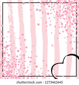 Pink glitter dots confetti on white stripes. Falling sequins with shimmer and sparkles. Design with pink glitter dots for greeting card, bridal shower and save the date invite.