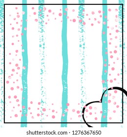 Pink glitter dots confetti on turquoise stripes. Falling sequins with glossy sparkles. Template with pink glitter dots for party invitation, banner, greeting card, bridal shower.