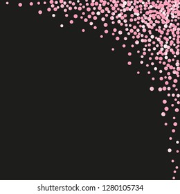 Pink glitter dots confetti on isolated backdrop. Falling sequins with glossy sparkles. Template with pink glitter dots for party invitation, event banner, flyer, birthday card.