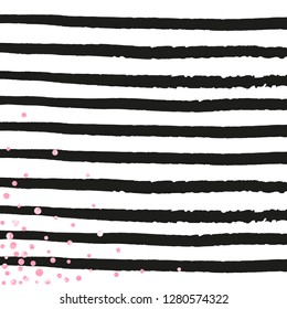 Pink glitter dots confetti on black stripes. Shiny random falling sequins with shimmer. Design with pink glitter dots for party invitation, bridal shower and save the date invite.
