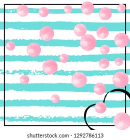 Pink glitter dots confetti on turquoise stripes. Random falling sequins with glossy sparkles. Template with pink glitter dots for greeting card, bridal shower and save the date invite.