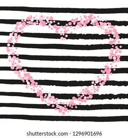 Pink glitter dots confetti on black stripes. Shiny falling sequins with shimmer and sparkles. Design with pink glitter dots for party invitation, event banner, flyer, birthday card.
