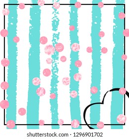 Pink glitter dots confetti on turquoise stripes. Shiny random sequins with metallic sparkles. Template with pink glitter dots for party invitation, event banner, flyer, birthday card.