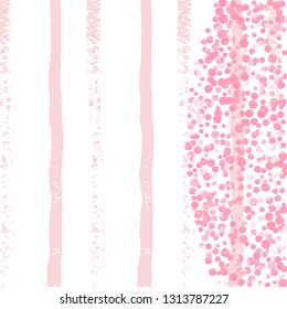 Pink glitter dots confetti on white stripes. Falling sequins with shimmer and sparkles. Template with pink glitter dots for greeting card, bridal shower and save the date invite.