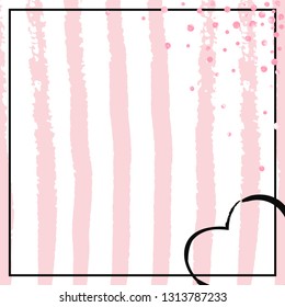 Pink glitter dots confetti on white stripes. Falling sequins with shimmer and sparkles. Design with pink glitter dots for party invitation, bridal shower and save the date invite.