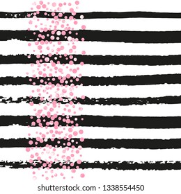 Pink glitter dots confetti on black stripes. Random falling sequins with glossy sparkles. Template with pink glitter dots for party invitation, bridal shower and save the date invite.
