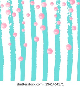 Pink glitter dots confetti on turquoise stripes. Falling sequins with metallic shimmer. Design with pink glitter dots for greeting card, bridal shower and save the date invite.