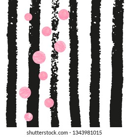 Pink glitter dots confetti on black stripes. Falling sequins with shimmer and sparkles. Template with pink glitter dots for party invitation, event banner, flyer, birthday card.
