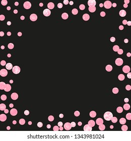 Pink glitter dots confetti on isolated backdrop. Shiny random sequins with metallic sparkles. Design with pink glitter dots for party invitation, banner, greeting card, bridal shower.