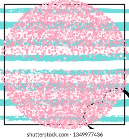 Pink glitter dots confetti on turquoise stripes. Falling sequins with metallic shimmer. Template with pink glitter dots for party invitation, banner, greeting card, bridal shower.
