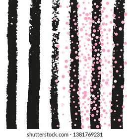 Pink glitter dots confetti on black stripes. Falling sequins with glossy sparkles. Design with pink glitter dots for party invitation, event banner, flyer, birthday card.