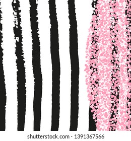 Pink glitter dots confetti on black stripes. Shiny random sequins with metallic sparkles. Design with pink glitter dots for party invitation, bridal shower and save the date invite.