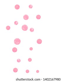 Pink glitter dots confetti on isolated backdrop. Shiny falling sequins with shimmer and sparkles. Template with pink glitter dots for party invitation, event banner, flyer, birthday card.