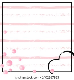 Pink glitter dots confetti on white stripes. Shiny random falling sequins with sparkles. Design with pink glitter dots for party invitation, bridal shower and save the date invite.