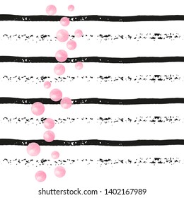 Pink glitter dots confetti on black stripes. Shiny random falling sequins with sparkles. Template with pink glitter dots for party invitation, banner, greeting card, bridal shower.
