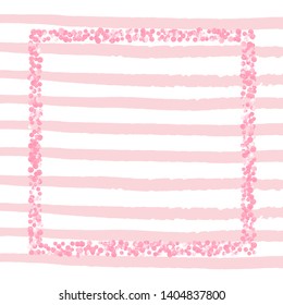 Pink glitter dots confetti on white stripes. Random falling sequins with glossy sparkles. Design with pink glitter dots for party invitation, banner, greeting card, bridal shower.