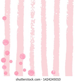 Pink glitter dots confetti on white stripes. Shiny random falling sequins with shimmer. Template with pink glitter dots for greeting card, bridal shower and save the date invite.