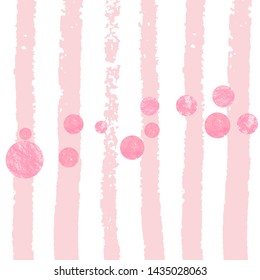 Pink glitter dots confetti on white stripes. Shiny falling sequins with shimmer and sparkles. Design with pink glitter dots for greeting card, bridal shower and save the date invite.