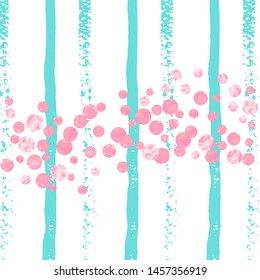 Pink glitter dots confetti on turquoise stripes. Shiny random falling sequins with shimmer. Template with pink glitter dots for party invitation, bridal shower and save the date invite.