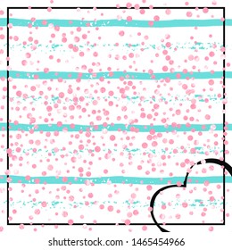 Pink glitter dots confetti on turquoise stripes. Falling sequins with shimmer and sparkles. Design with pink glitter dots for party invitation, bridal shower and save the date invite.