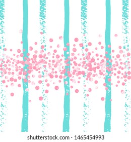 Pink glitter dots confetti on turquoise stripes. Shiny random falling sequins with shimmer. Template with pink glitter dots for greeting card, bridal shower and save the date invite.