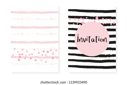 Pink glitter dots with sequins. Wedding and bridal shower invitation cards set with confetti. Vertical stripes background. Stylish pink glitter dots for party, event, save the date flyer.