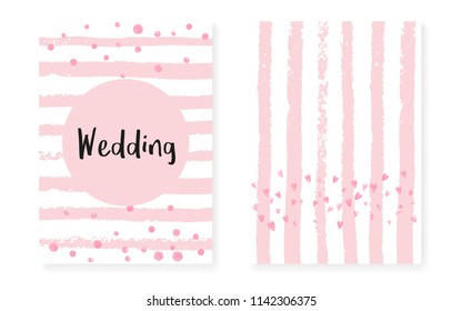 Pink glitter dots with sequins. Wedding and bridal shower invitation cards set with confetti. Vertical stripes background. Retro pink glitter dots for party, event, save the date flyer.