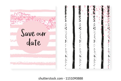 Pink glitter dots with sequins. Wedding and bridal shower invitation cards set with confetti. Vertical stripes background. Hipster pink glitter dots for party, event, save the date flyer.