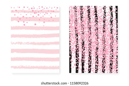 Pink glitter dots with sequins. Wedding and bridal shower invitation cards set with confetti. Vertical stripes background. Retro pink glitter dots for party, event, save the date flyer.